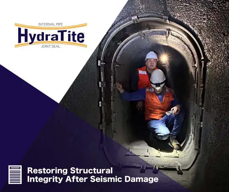 Two people inside a pipe inspecting a pipe joint sealed with HydraTite, 'Restoring Structural Integrity After Seismic Damage'