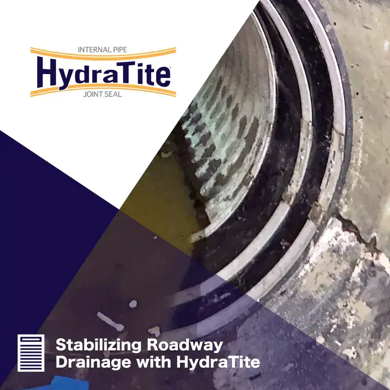 HydraTite installed over a joint with three retaining bands, 'Stabilizing Roadway Drainage with HydraTite'