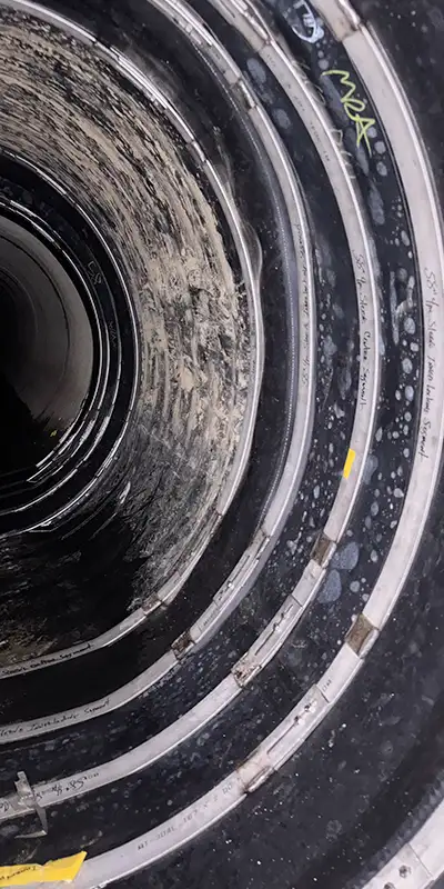 A pair of sleeve repairs comprised of three interlocked HydraTite seals installed over a pipe transition