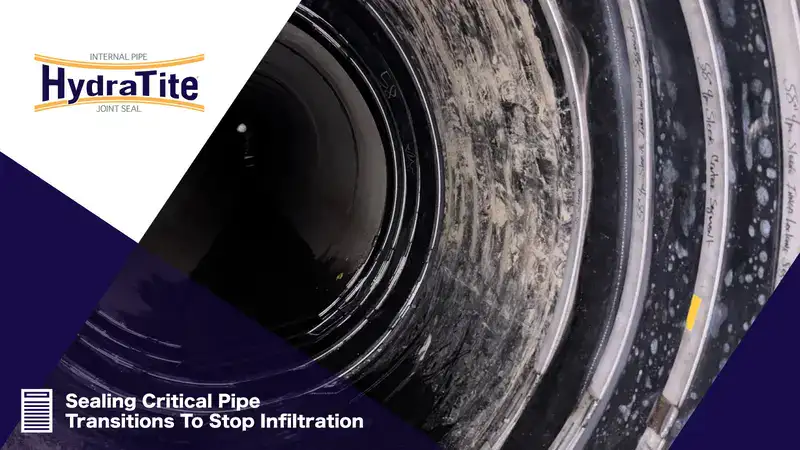 Pipe Transition Sealed With HydraTite Sleeves Multiple HydraTite seals installed over transition joints inside a pipe, ''Sealing Critical Pipe Transition to Stop Infiltration"