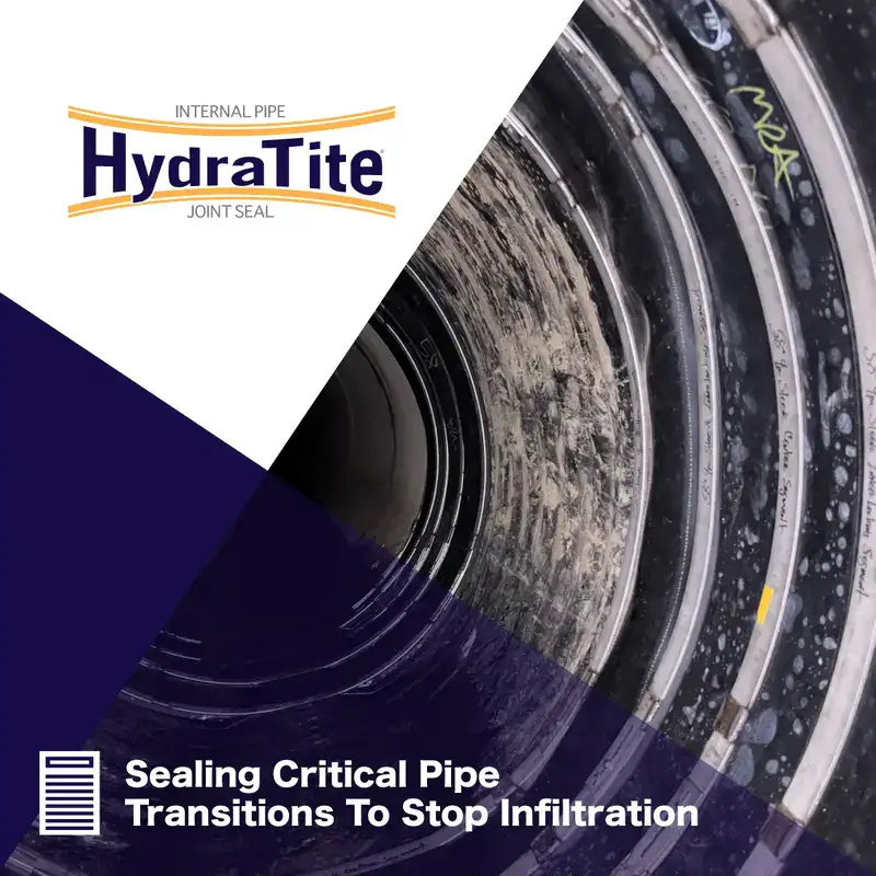 Multiple HydraTite seals installed over transition joints inside a pipe, ''Sealing Critical Pipe Transition to Stop Infiltration"