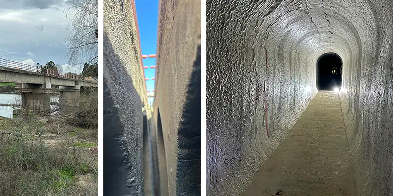 Several images of a bridge that has arched tunnel aqueducts running inside it that has become separated at the joints