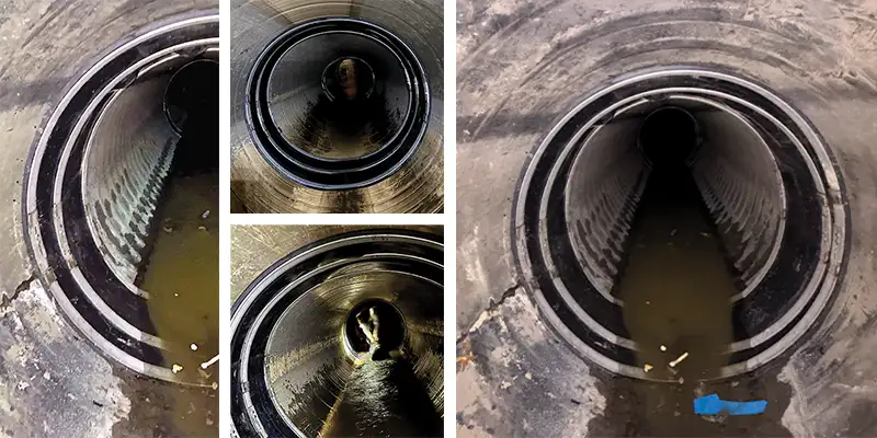 Several images of HydraTite installed in a circular pipe to prevent leaks