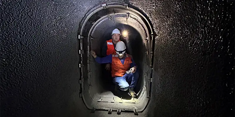 Two technicians inspecting a HydraTite seal installed in an arched tunnel aqueduct inside a bridge