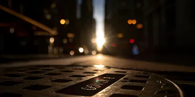 Sunlight hitting the top of a sewer lid in a street
