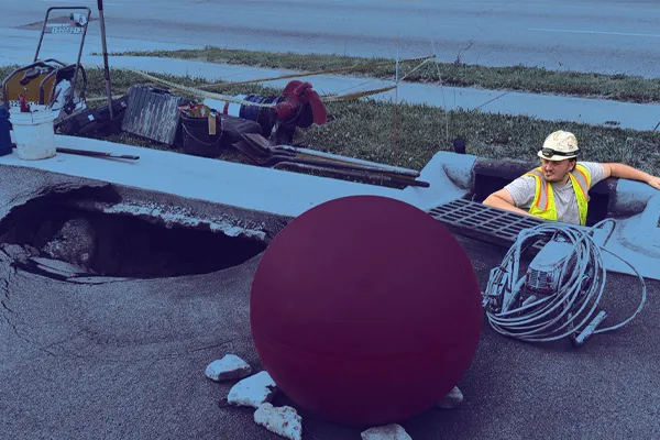 A technician climbing out of a manhole