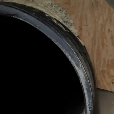 A wooden form around the end of a pipe with chimcal ground sealing the entry point A pipe entering a manhole junction box with a wooden form being used to inject chemical grout around the entry point for the pipe